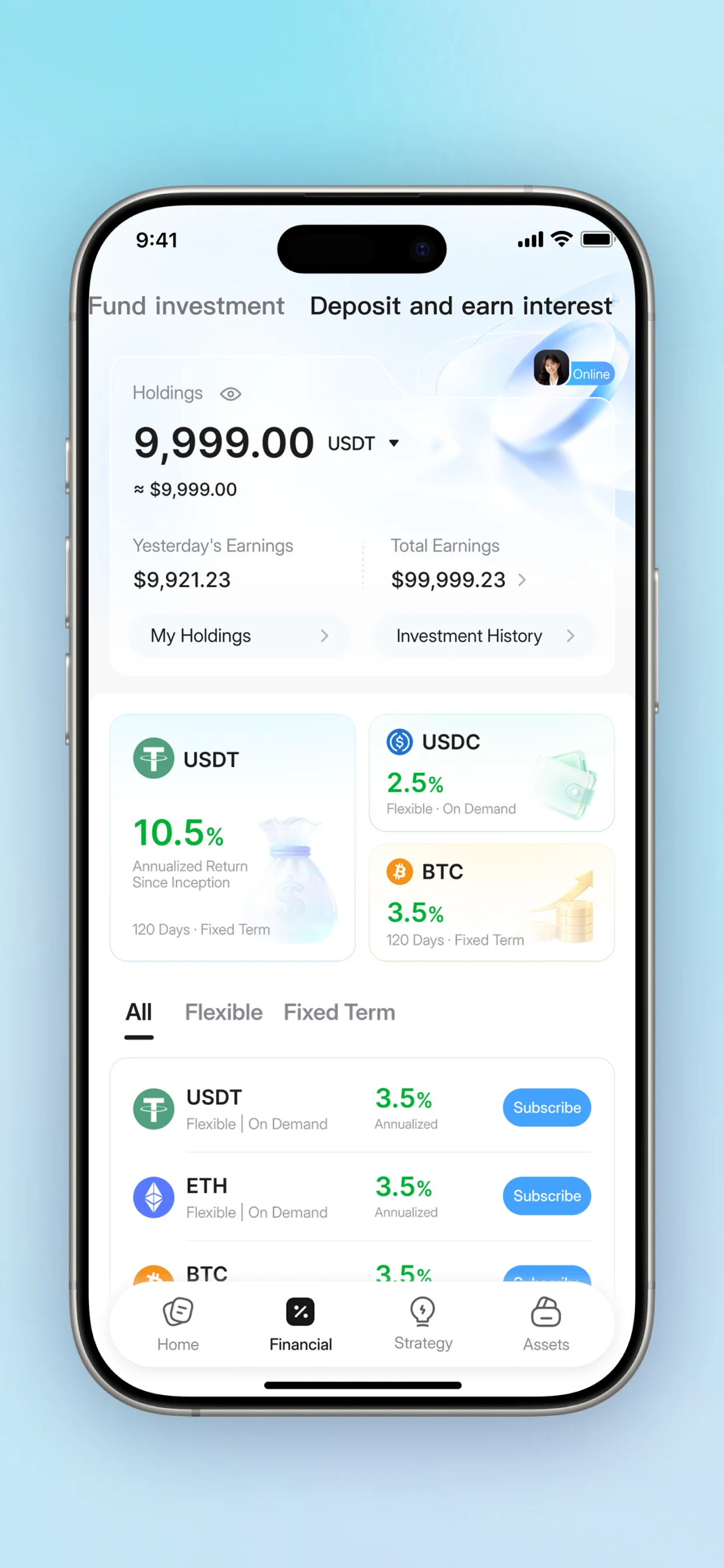DFunds deposit and earn interest screen